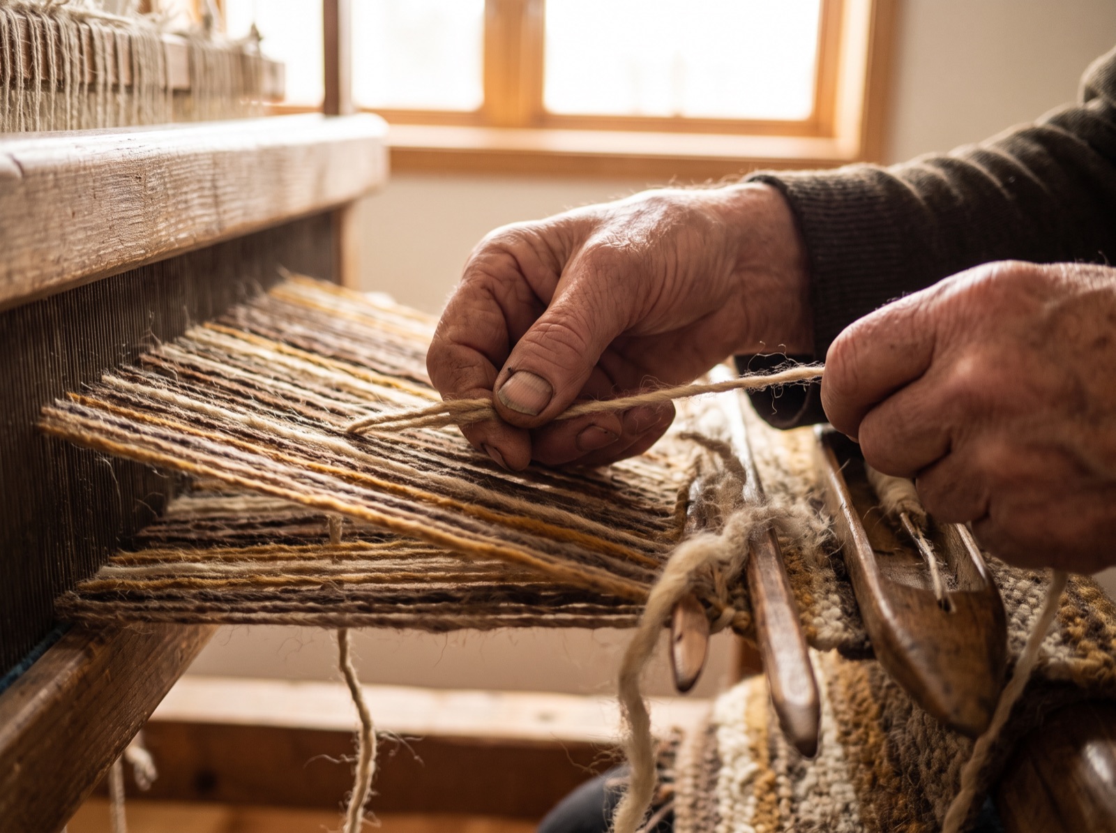 Artisan hand-knotting a rug